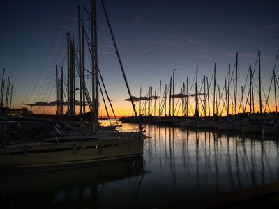 sunset, nature, sailboat, sea, boat, water, port, ocean, lonely, harbor, sailing, masts, horizon, ship mast, evening scene, sun in sky, cliff, path, reflection, environment, transport, Novigrad, Istria County, Croatia