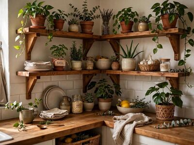 kitchen, plants, shelves, herbs, wood, flowerpot, ceramics, clean, spices, lemons, natural, rustic, homemade, white, still life, basket, nature, branch, textiles, paprika, soil
