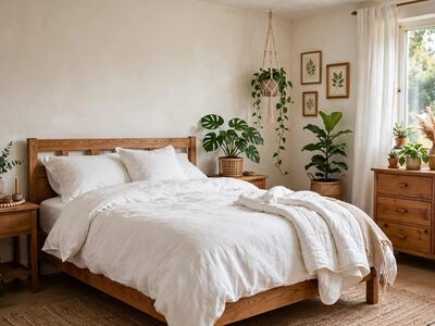 bedroom, interior, bed, potted plants, scandinavian style, wooden furniture, white sheets, nature, minimalist style, home, sunlight, natural materials, decoration, curtains, comfort, cleanliness, simplicity, sleep, cozy