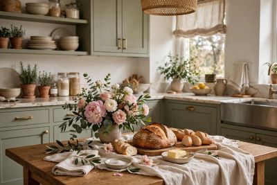 kitchen, dining table, bread, flowers, rustic, beautiful flowers, interior, light, chair, nature, dishes, rustic kitchen, flower wallpaper, decoration, fresh, still life, cream and butter, teapot, ceramics, backlit, vintage style, flower background, household