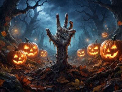 halloween, pumpkin, spooky forest, jack-o'-lantern, dark night, dead hand, deciduous forest, moonlight, autumn, eerie, nature, leaves, autumn leaves, landscape, haunting, night, fantasy, mysterious, creepy scene, mystery, horror