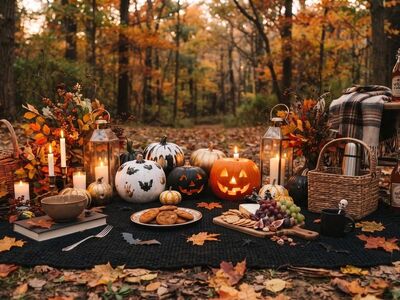 halloween, picnic, pumpkin, autumn, forest, lanterns, nature, decoration, food, pumpkins with lights, autumn leaves, candles, outdoor, picnic basket, fire pit, camp enamel, kitchen, fall decor, urban setting, cozy, tea