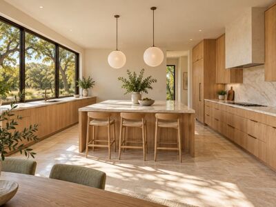 modern kitchen, kitchen island, natural light, wooden furniture, large windows, open space, marble countertop, indoor plants, chair, minimalist design, natural materials, harmonious environment, architecture, elegant space, home comfort, vegetation view, home design, jute rug, trendy design