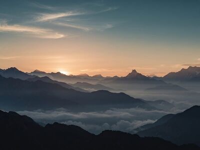 mountains, clouds, peaks, dawn, himalayas, landscape, alpine, mist, horizon, nature, wilderness, summits, sky, blue, blue sky, morning, altitude, range, outdoor, tranquility, scenic, snow