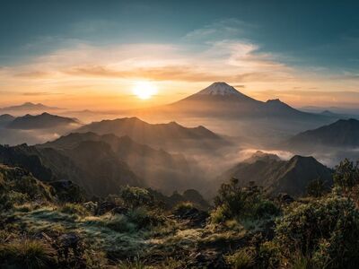 mountains, sunrise, peak, volcano, mist, horizon, nature, morning, panoramic, scenery, ridges, clouds, outdoor, travel, summit, fuji, alpine, wilderness, sky, mountain range, valley
