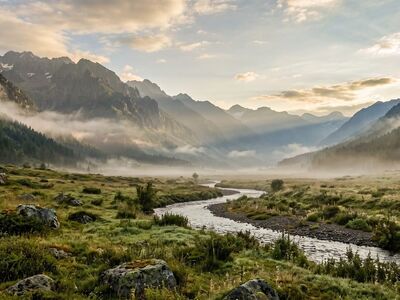 mountain, valley, river, mist, landscape, sunrise, alpine, nature, meadow, wilderness, stream, peaks, fog, scenic, hiking, destination, outdoors, serene, geology, view