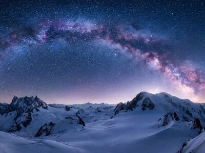 milky way, stars, mountains, winter, panorama, galaxy, snow, astronomy, cosmos, astrophotography, darkness, nature, landscape, space, alps, constellation, frozen, chilly