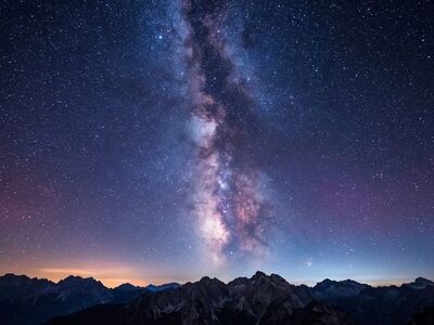 milky way, mountains, starry sky, astronomy, galaxy, purple, blue sky, blue, dark sky, horizon, nature, universe, peaks, starlight, cosmos, landscape, midnight sky, panorama, sky, science, beauty