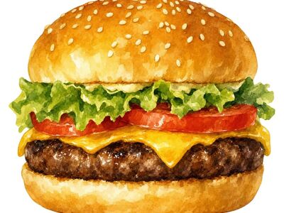 burger, cheese, lettuce, tomato, sesame seed, juicy, grilled, watercolor, fast food, food, lunch, nutrition, meat, beef, sauce, fresh, delicious, favorite