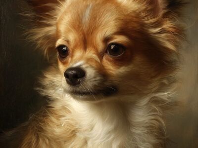 chihuahua, long haired chihuahua, oil painting style, pet, puppy, cute, portrait, classic art, dog portrait, furry, detailed, pet portrait, realistic art, vintage look, portrait art, beautiful eyes, texture detail, small animal, emotional expression