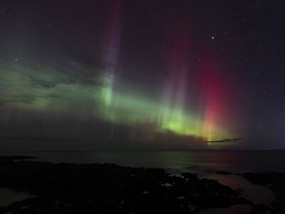 northern lights, night, sea, stars, night sky, universe, astronomy, sky, nature, black, grey, dark, norway, scandinavia, silence, lime green, red, meditative, emotional, capture, illumination