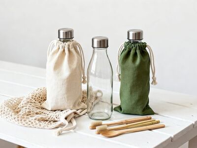 eco-friendly, cloth bag, wooden toothbrushes, glass bottle, zero waste, white wooden table, reusable products, sustainability, natural products, cloth net bag, minimalist, sustainable materials, eco dishes, eco bathroom, healthy lifestyle, environment, eco beverage, room, environmentally friendly, clean design