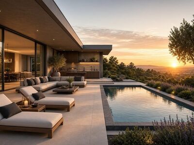 outdoor living area, swimming pool, sunset, luxury villa, neutral colors, modern architecture, outdoor terrace, villa with view, elegant design, natural surroundings, nature, open space, outdoor dining area, outdoor kitchen, relaxing retreat, contemporary style, comfortable seating, living space, summer outdoor activities, diverse landscape