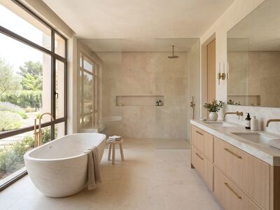 ai generated, bathroom, interior, modern, luxury, bathtub, minimalist, design, home, architecture, spa, window, marble, bright, wood, illuminated, mirror, towel, balanced, calm, elegant, stylish