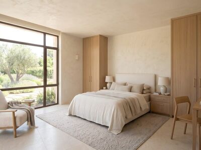 ai generated, bedroom, interior, design, modern, minimalist, furniture, bed, wardrobe, window, neutral, cozy, decor, bright, serene, armchair, carpet, table, chair, touch of nature, simplicity, light colors
