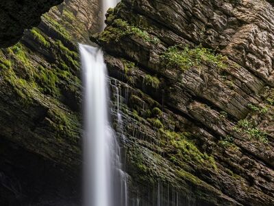 waterfall, cave, long exposure, nature, landscape, water, river, flow, rock wall, green moss, silence, tranquility, stream, refreshing, hiking, natural shelter, adventure, vacation, rainforest