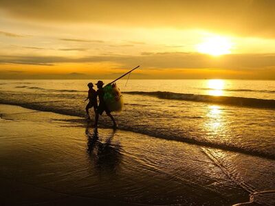 dawn, men, beach, sea, sun, morning, wave, working, fishing, beautiful, landscape, silhouette, yellow, sand, splendor, peace, nature, reflection, sunrise, beautiful view