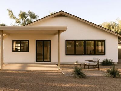 house, exterior, modern, suburban, white, single-story, residential, architecture, building, desert, nature, patio, outdoor, living, space, contemporary, design, real estate, new construction, home, comfortable