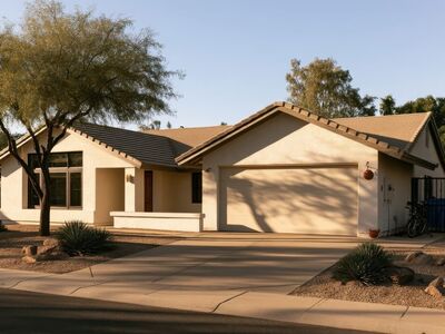 house, modern, facade, desert, architecture, building, suburban, garage, driveway, nature, yard, plant, landscape, outdoor, suburban street, tree, sunny, shadow, desert plant, residential, neighborhood