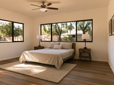 bedroom, bed, clean, modern, interior, light, sunlight, window, tree, nature, wood, floor, carpet, empty, spacious, ceiling fan, furniture, minimalist, decoration, house