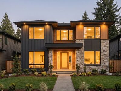 ai generated, modern house, exterior architecture, family home, luxury real estate, wood siding, stone accent, pine forest, private residence, countryside landscape, suburban house, middle class, decorative garden, facade lighting, warm home lighting, ornamental fence, luxury architecture, detached house, front yard, property, real estate investment