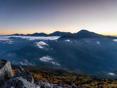 mountains, landscape, japan, autumn, sunset, clouds, red leaves, rocky terrain, mountain ridges, peaceful atmosphere, southern alps, clear sky, mountain landscape, white clouds, views, daylight, sparkling, white hills, peaks, natural scenery, Japan, Minami-Alps, Yamanashi
