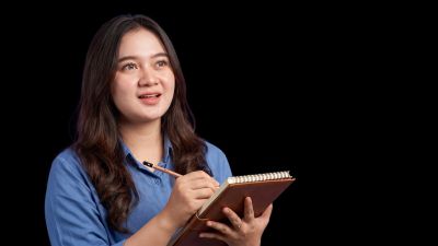 woman, notebook, writing, smile, blue shirt, portrait, lifestyle, office, work, planning, writer, simple, focus, studies, journalism, note-taking, professional, interview