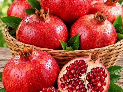 pomegranate, basket, leaves, fresh, fruit, seeds, red, health, table, nature, vitamins, juicy, garden, ripe, summer, freshly harvested