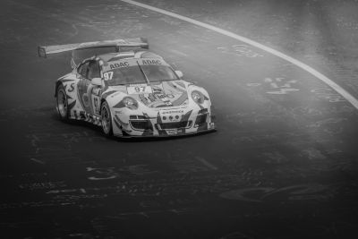 car racing, race car, race track, motorsport, racing, fog, black and white
