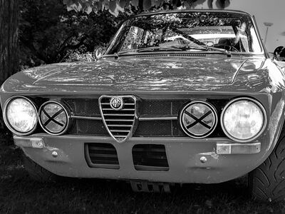 car, headlights, alfa romeo, automobile, antique car, lights, technology, car wallpapers, black and white