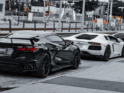 cars, super cars, luxury cars, lamborghini, corvette, black car, white car, sports cars, exotic cars, daytime, parked cars, car row, black lamborghini, white lamborghini, black corvette, high-end vehicles, automobile, car collection, outdoor