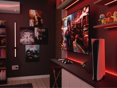 interior design, home office, modern interior, bedroom, study, pc, headphones, music, sound, technology, games, playstation, gamer, ps4, ps5, console, play, xbox, red, space red, night, led, dark, render, room