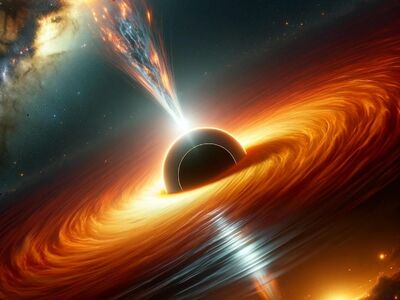 supermassive black hole, bright accretion disk, plasma jet, distant galaxy, cosmic horror, realistic rendering, hubble-inspired, high contrast, deep black, vibrant orange, swirling plasma, dramatic lighting, space phenomenon, sci-fi, fantasy
