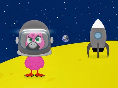 moon, spaceship, pink flamingo, space travel, astronaut, earth, stars, universe, cartoon