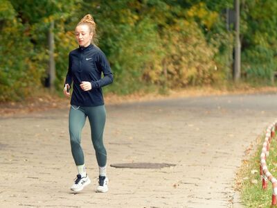 girl, jogging, exercise, running, activity, tights, nature, pavement, trees, sports, health, lifestyle, autumn