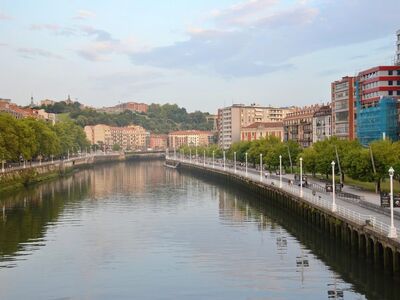 cityscape, river, architecture, buildings, urban, road, street, cars, landscape, nature, sky, spain, water, bilbao