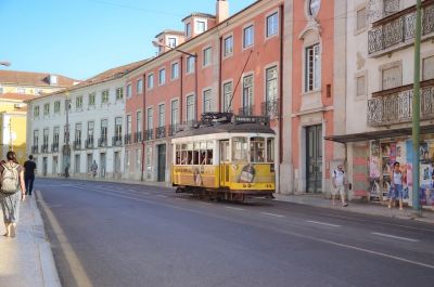 cityscape, street, shops, people, sweetshop, tram, buildings, classic, historical, tourism, urban, cart, attraction