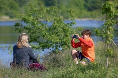people, nature, child, boy, photographing, smartphone, woman, mother, recreation, river, vegetation, lifestyle, spring, landscape