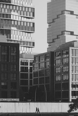 skyscrapers, city, office building, black-and-white, black and white photo, glass facades, urban, architecture, road