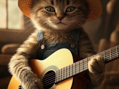 cat, acoustic guitar, pet, music, animal, musician, ai generated