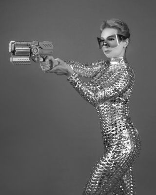 robot, woman, futurism, cosplay, bot, synthetic, weapons, blaster, warrior, future, bw, costume, soldier, space, cyberpunk, glasses, mask, portrait