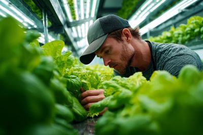hydroponics, stove, plantation, man, nature, cultivating, technology, foliage, agriculture, interior, plants, system, job, modern, growth, lights, innovation, farm, vegetable, food, production, caution, environmental, sustainable, future, France, Ury, Île-de-France