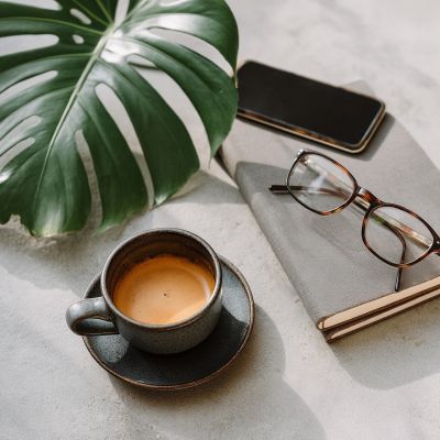 houseplant, coffee, glasses, journal, workspace, work, smartphone, business, technology, communication
