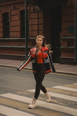 woman, motorcycle jacket, horns, music headphones, portrait, summer, classic, romantic, model, posing, femininity, cheeky, beautiful, nature, crosswalk