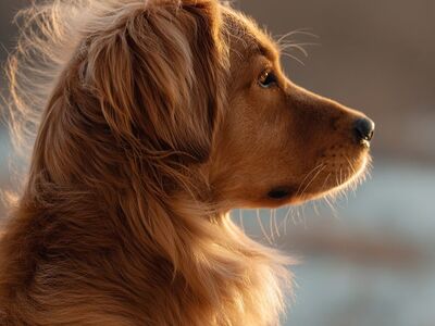 golden retriever, dog, pet, animal, canine, backlit, golden hour, sunset, 8k wallpaper, rim light, glow, warm tones, outdoor, nature, portrait, shallow depth of field, bokeh, lens flare, minimal background, copy space, photorealistic, 8k, detailed, soft light, elegant, serene