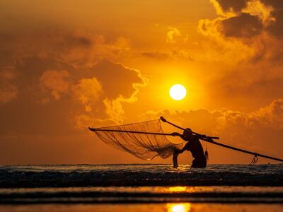 landscape, nature, vietnam, sun, sky, clouds, dawn, orange, summer, beach, sea, fishing