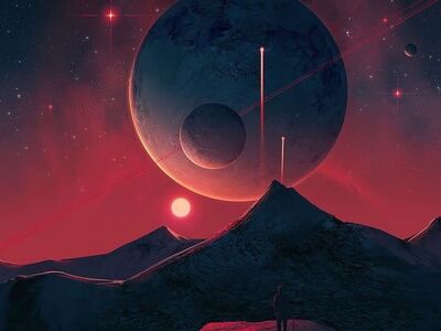 space, nature, planet, moon, landscape, red sky, mountains, digital art, stars, fantasy, futuristic, mysterious, optical illusion, night sky, starry sky, futuristic landscape, space adventure, sci-fi, meteor, space landscape