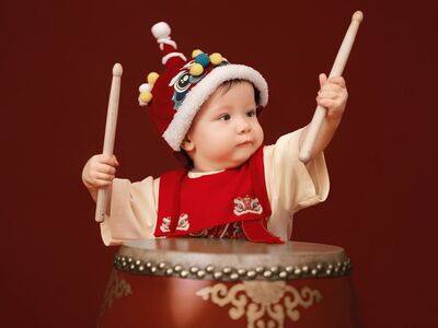 baby, asian, drum, red, costume, traditional, chinese characters, happy, child, vietnam, dress, yellow, culture, festival, smiling, childlike, striking style, colorful, hat