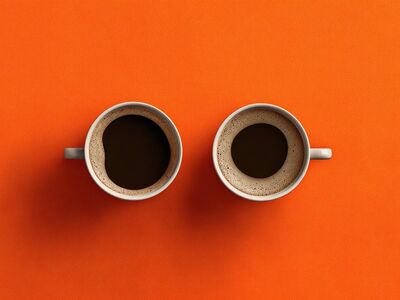 coffee, caffeine, cup, drink, orange, two, symmetry, minimalism, texture, foam, companionship, dessert, snacks, cozy, relaxation, bright, homey, aesthetic, culture, handmade, coffee cup, hot