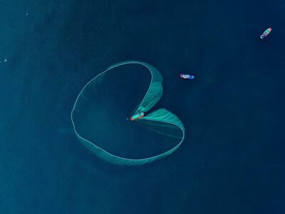 fishing, net, sea, blue, boat, aerial view, vietnam, fishing boat, water, coast, nature, panorama, seascape, natural scenery, view from above, environment, tourism, streak of light, light effect